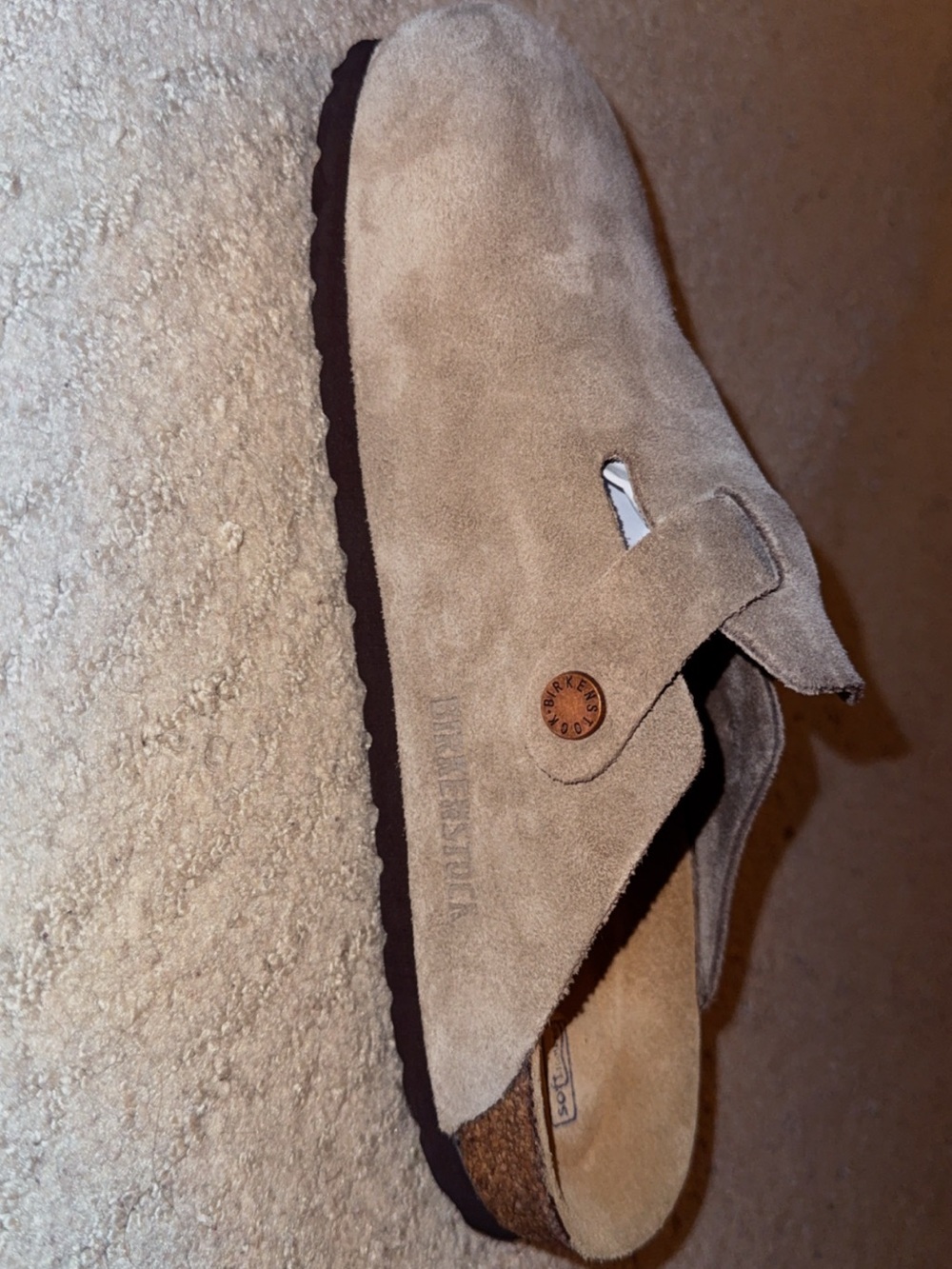 Birkenstock Men's Suede Clog Sandals in Taupe Brown with Bronze Buckle - Picture 6 of 8